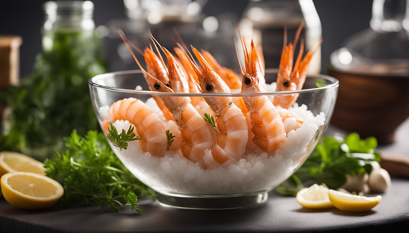 Prawns submerged in brine solution in a glass bowl, surrounded by ingredients like salt, sugar, and herbs on a kitchen counter