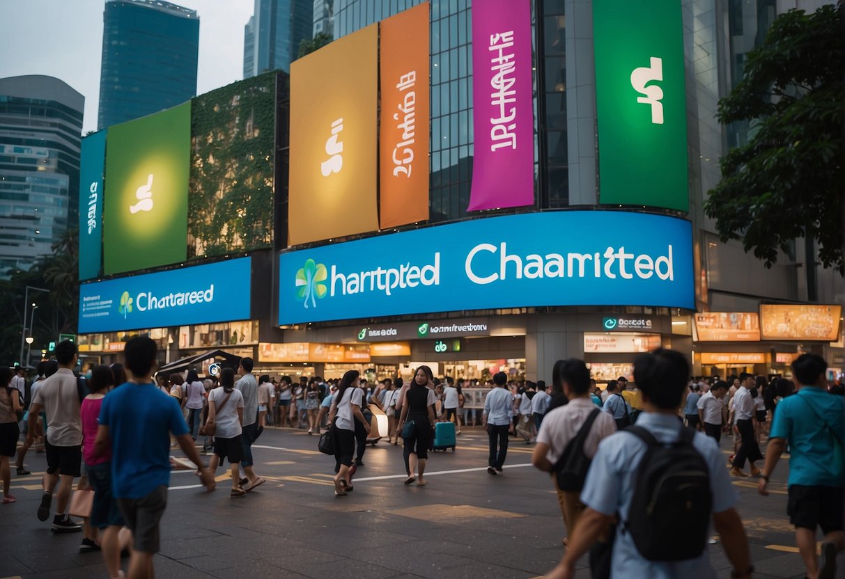 A bustling Singapore street, adorned with colorful banners promoting Standard Chartered's latest promotions. Bright lights and a vibrant atmosphere fill the air