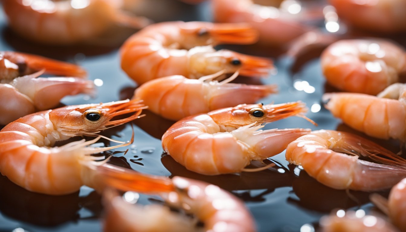 Prawns are being soaked in a brine solution, their pink shells glistening with moisture. The brine bubbles gently, infusing the prawns with flavor before they are prepared