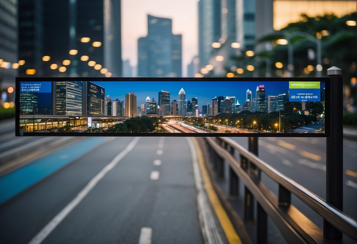 A vibrant cityscape with iconic landmarks and bustling streets, adorned with eye-catching promotional banners and signs for Standard Chartered Singapore's 2024 promotions