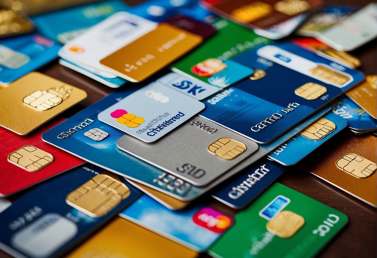 A stack of credit cards with the Standard Chartered logo surrounded by various rewards such as travel vouchers, shopping discounts, and cashback offers