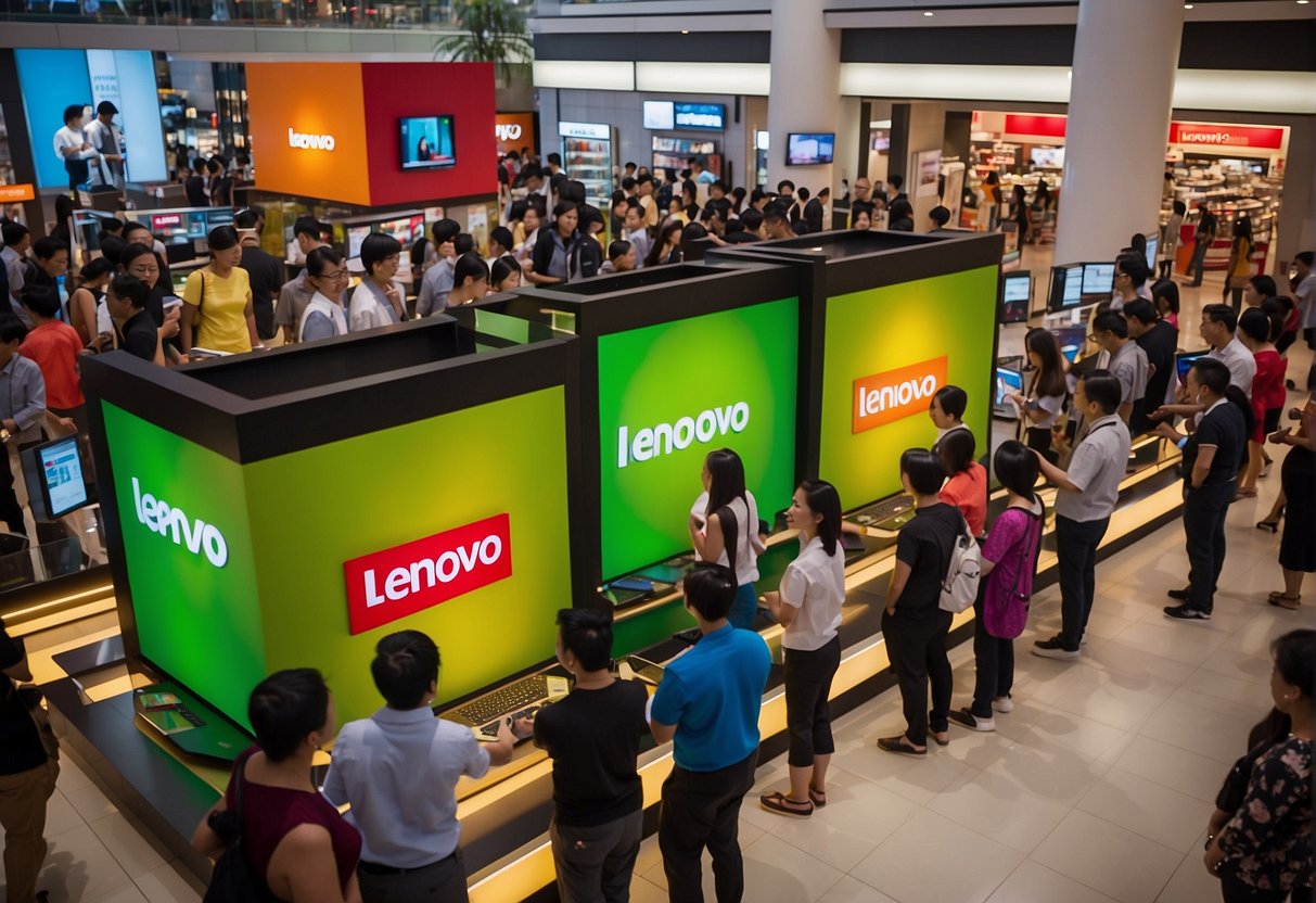 A crowd gathers around a display of Lenovo products in a bustling Singapore shopping mall. Bright promotional signs and enthusiastic staff draw in potential customers
