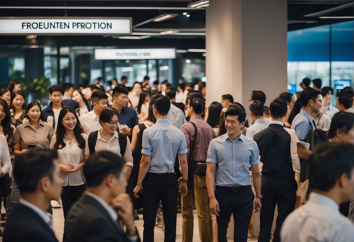 A crowded office with people lining up at a promotional booth, displaying "Frequently Asked Questions" about Standard Charter promotions in Singapore