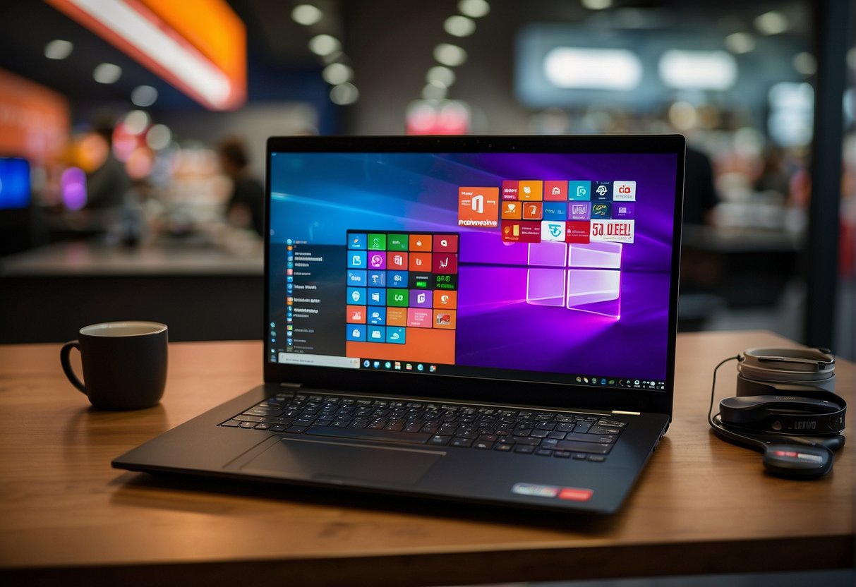 A sleek Lenovo laptop sits on a modern desk, surrounded by promotional banners and discount signs. The screen displays the latest deals for 2024