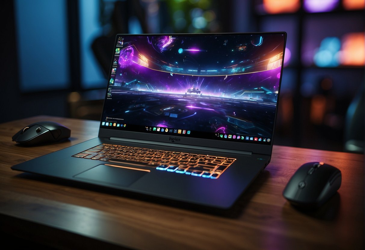 A sleek Legion laptop sits on a desk surrounded by gaming accessories. The laptop's screen displays an intense gaming scene, with colorful lights illuminating the room