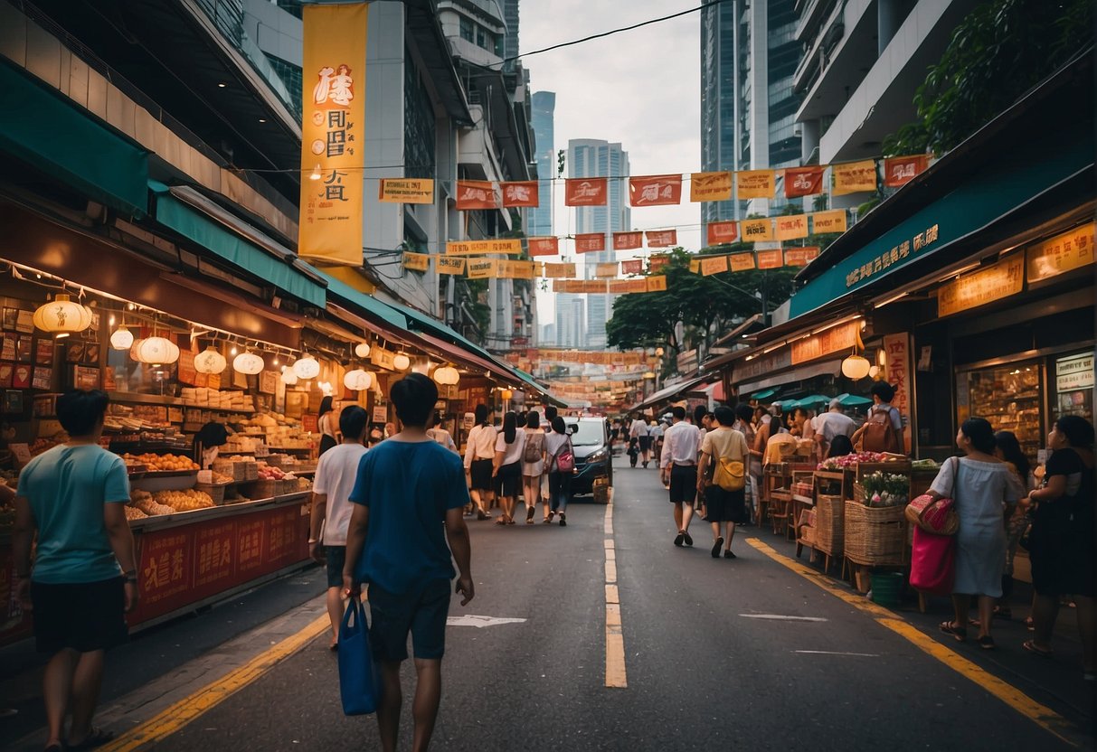 A bustling city street in Singapore with colorful banners and signs promoting TWG products