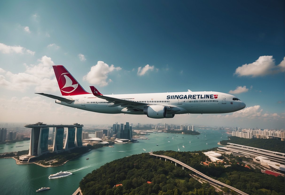 A vibrant airplane flying over iconic Singapore landmarks with Turkish Airlines promotions displayed