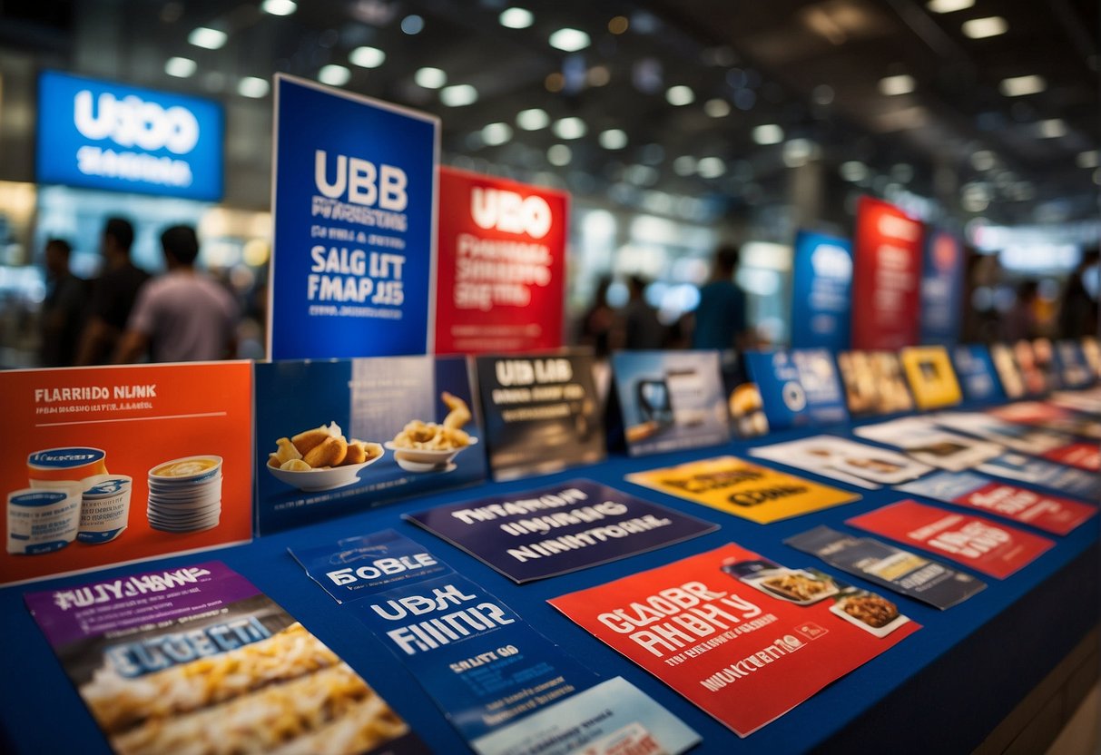A colorful display of promotional banners and signs for UOB Singapore, showcasing various deals and offers