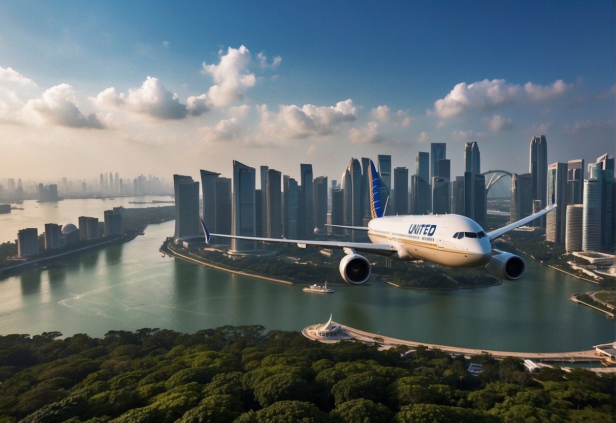 A United Airlines plane soaring above the iconic Singapore skyline, with the famous Marina Bay Sands and Gardens by the Bay in the background