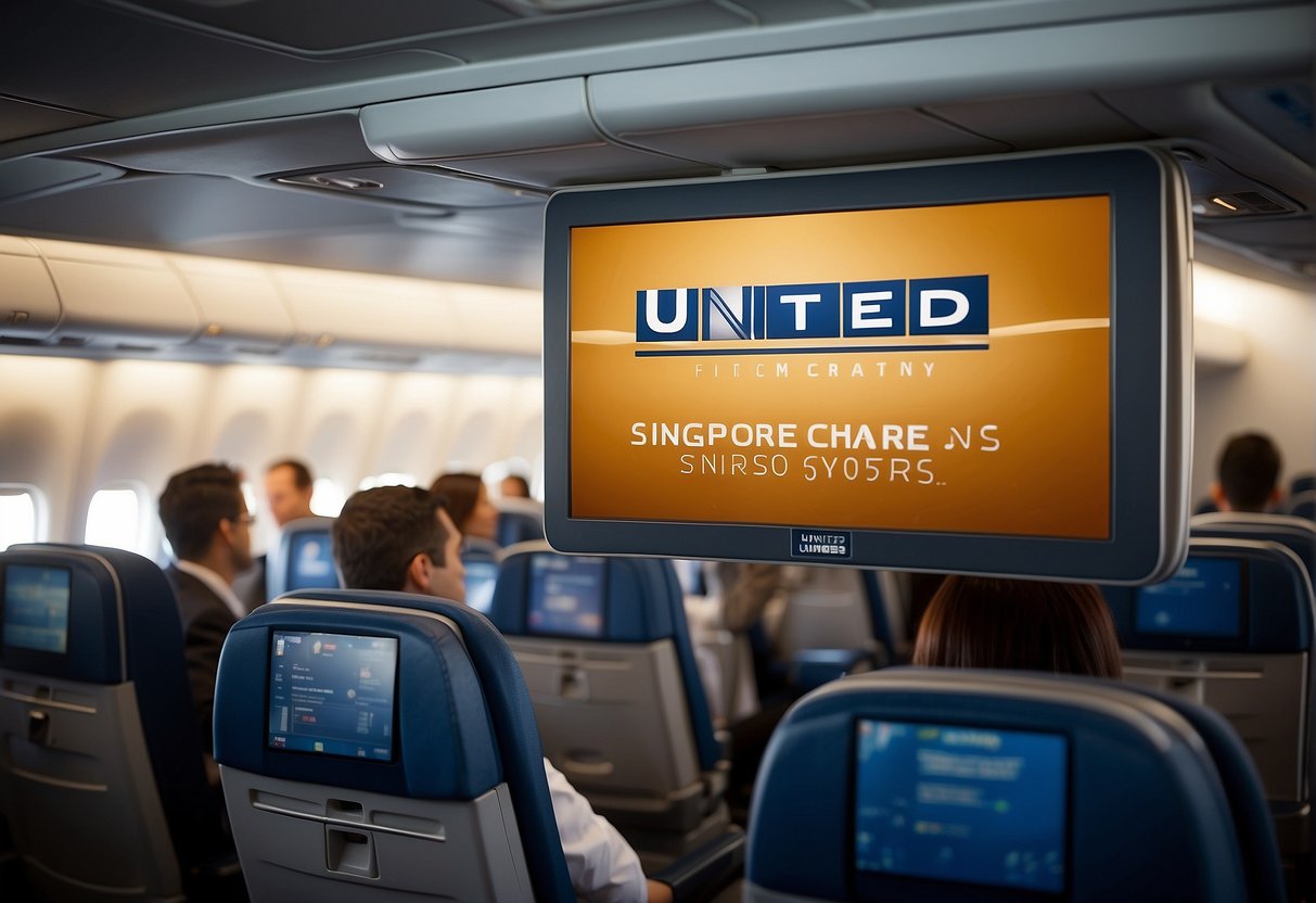 Passengers boarding a United Airlines plane with Singapore promotions signage. Comfortable seating and smiling flight attendants welcoming travelers