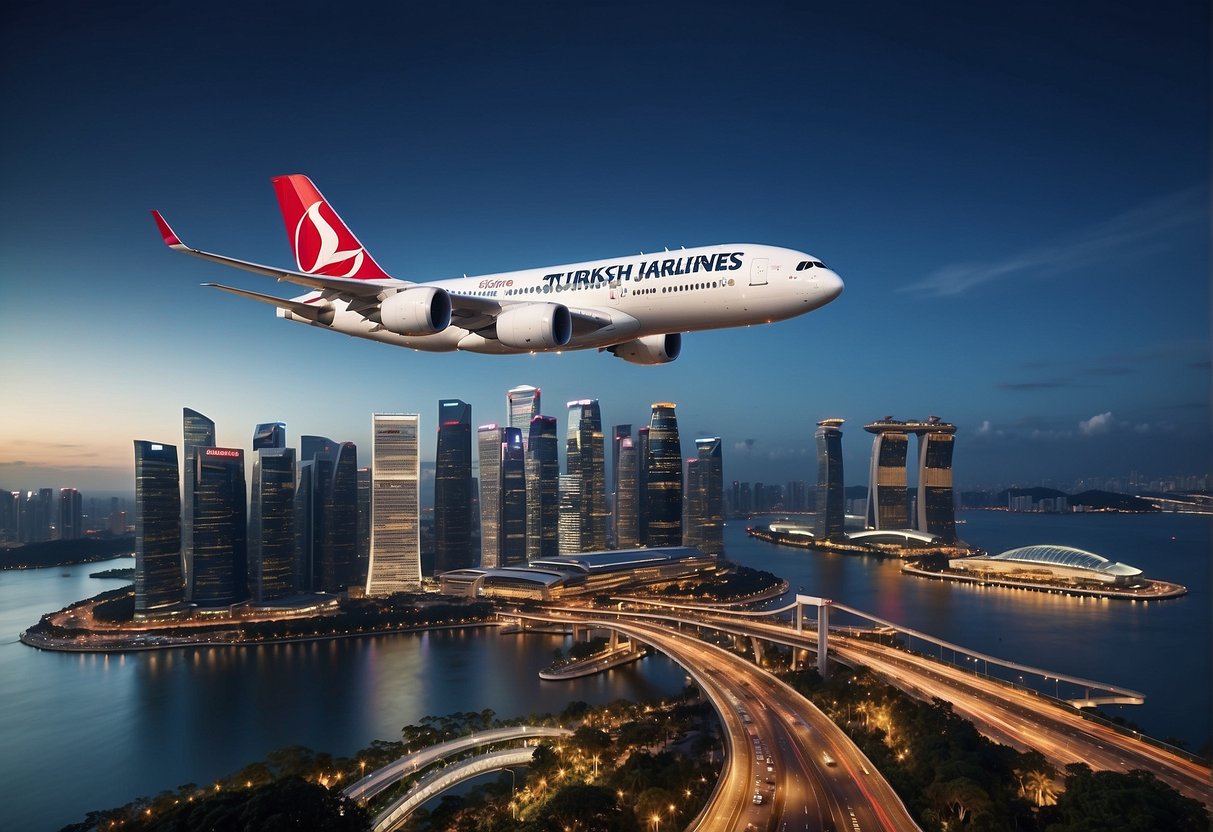 A vibrant airplane flying over iconic Singapore landmarks, with "Turkish Airlines Promotions" displayed prominently