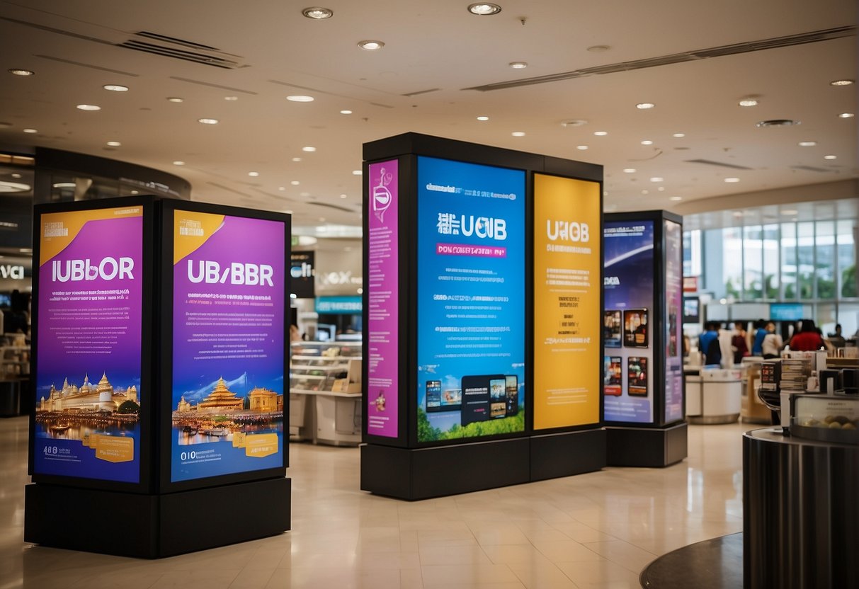 A vibrant display of promotional materials, including banners, flyers, and digital screens, showcasing UOB Singapore's latest promotions in a busy retail environment