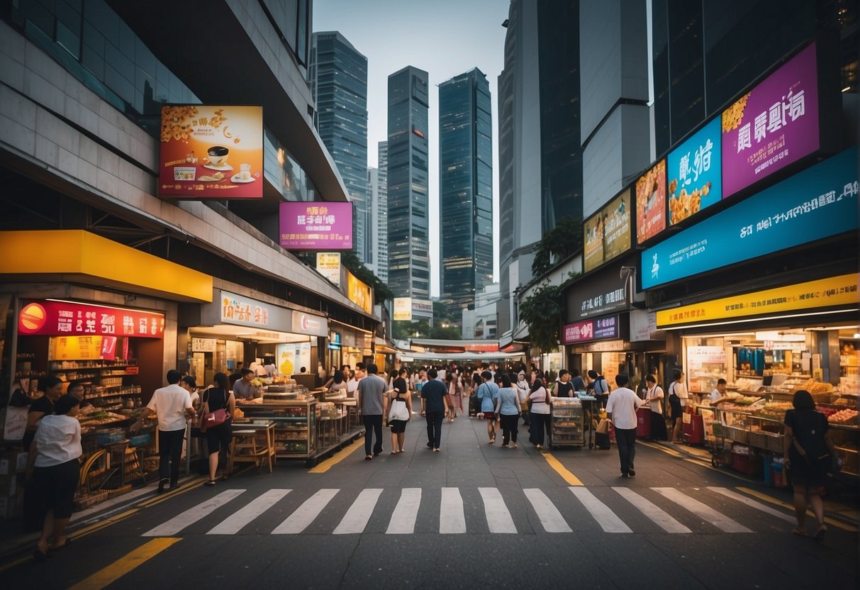 A bustling city street in Singapore with colorful signs and banners promoting Vistaprint products