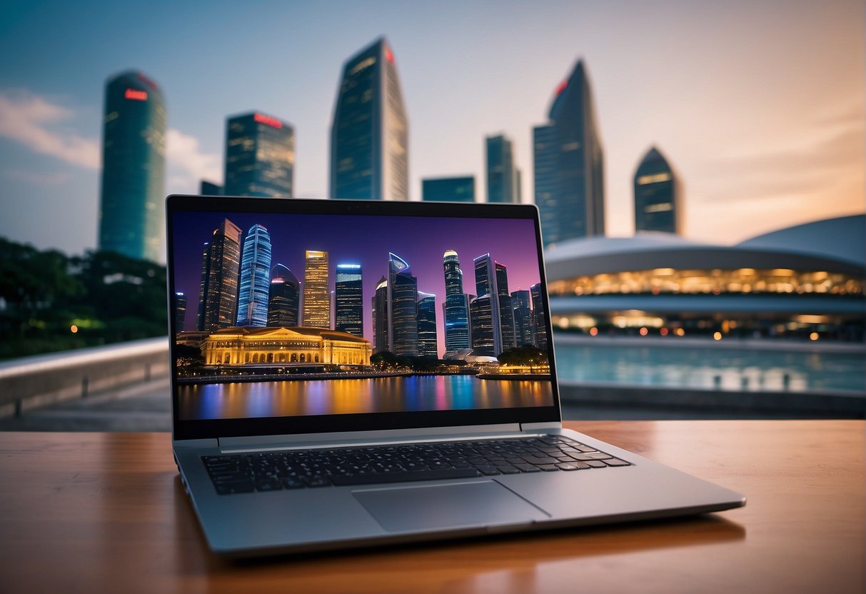 A laptop surrounded by promotional materials with the Lenovo logo, set against a backdrop of iconic Singapore landmarks