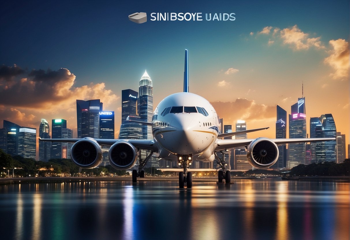 United Airlines promotions displayed with iconic Singapore landmarks in background. Bright colors and bold text grab attention