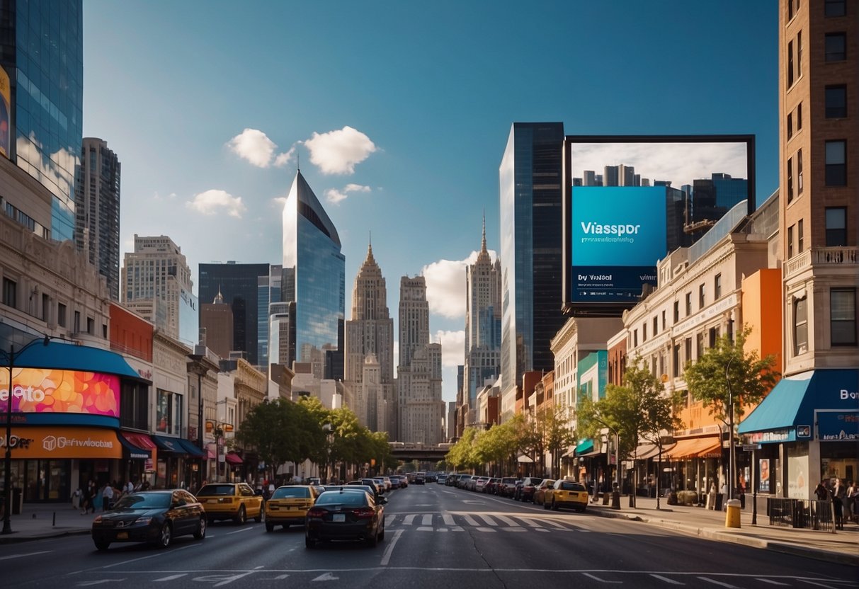 A vibrant city skyline with a prominent Vistaprint logo displayed on a large billboard, surrounded by bustling streets and colorful storefronts
