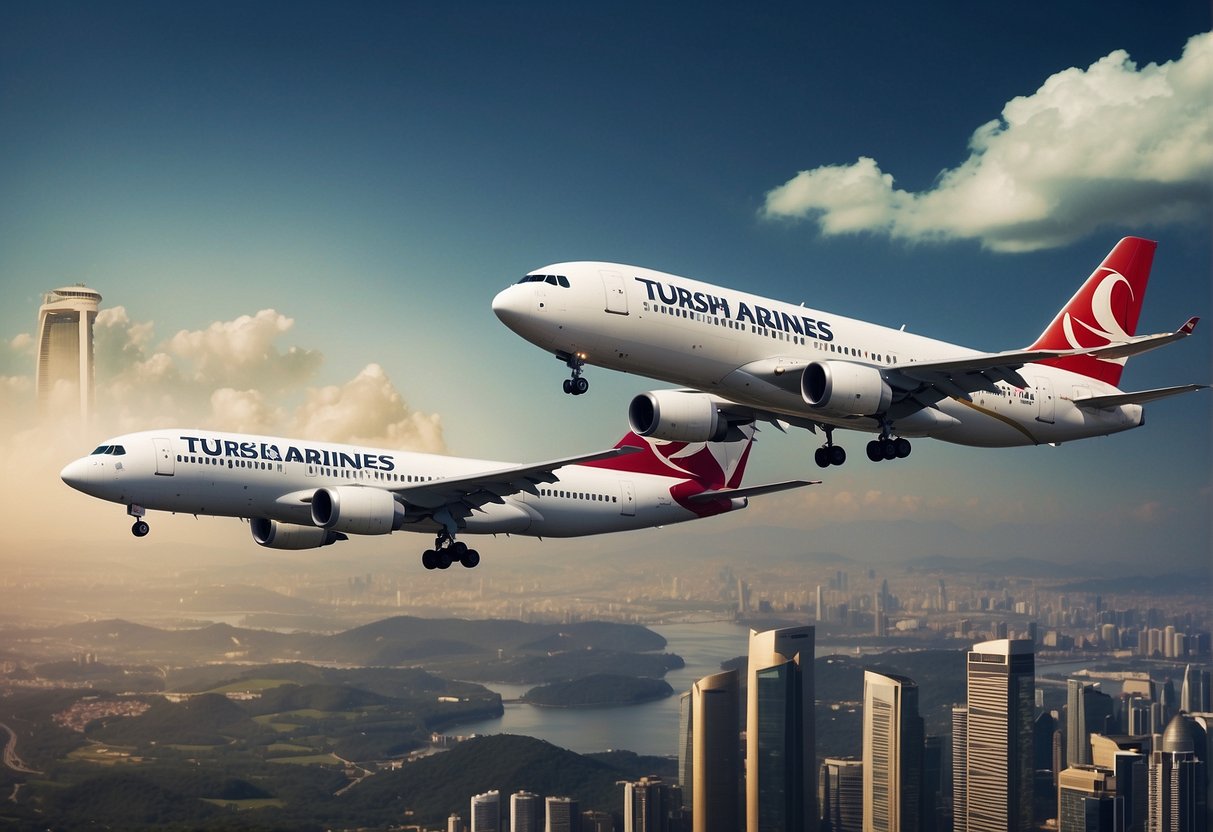 Two airplanes flying side by side with Turkish Airlines and Singapore Airlines logos prominently displayed, surrounded by promotional banners and text highlighting partnership benefits