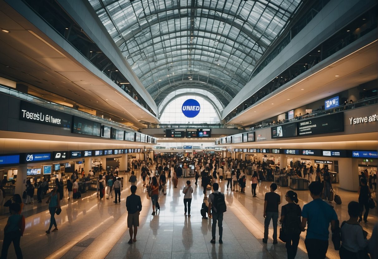 A crowded airport terminal with a prominent United Airlines promotion display in Singapore. People are seen gathering around the display, reading the FAQs