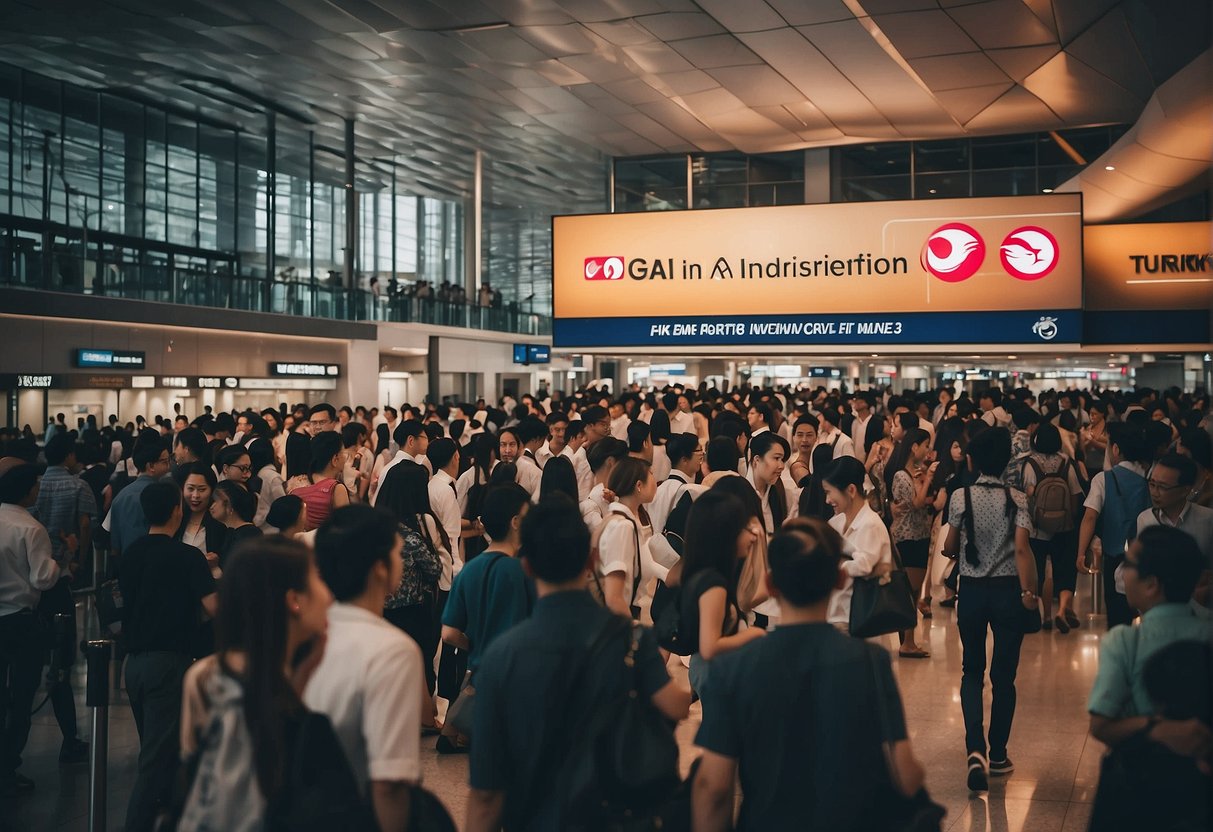 A crowded airport terminal with a prominent Turkish Airlines promotion display in Singapore. Passengers and staff interact nearby