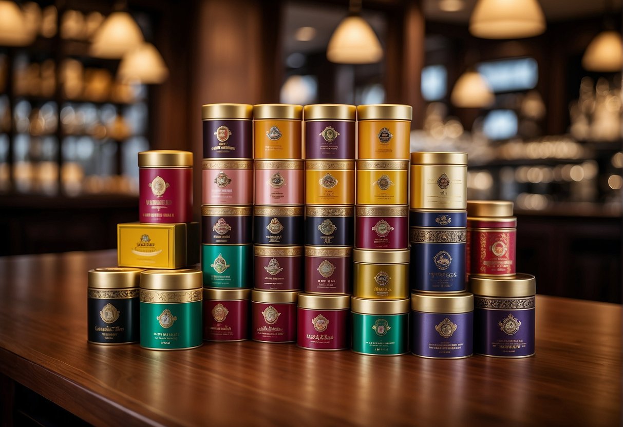 A luxurious display of TWG Tea's exclusive offers and promotions in Singapore. Brightly colored tea tins and elegant packaging arranged on a polished wooden counter
