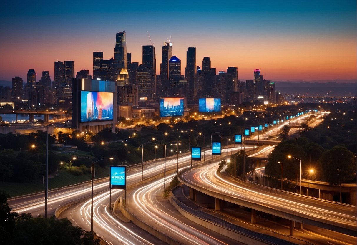 A vibrant city skyline at dusk with illuminated billboards displaying Vistaprint's printed products, capturing attention and maximizing visibility