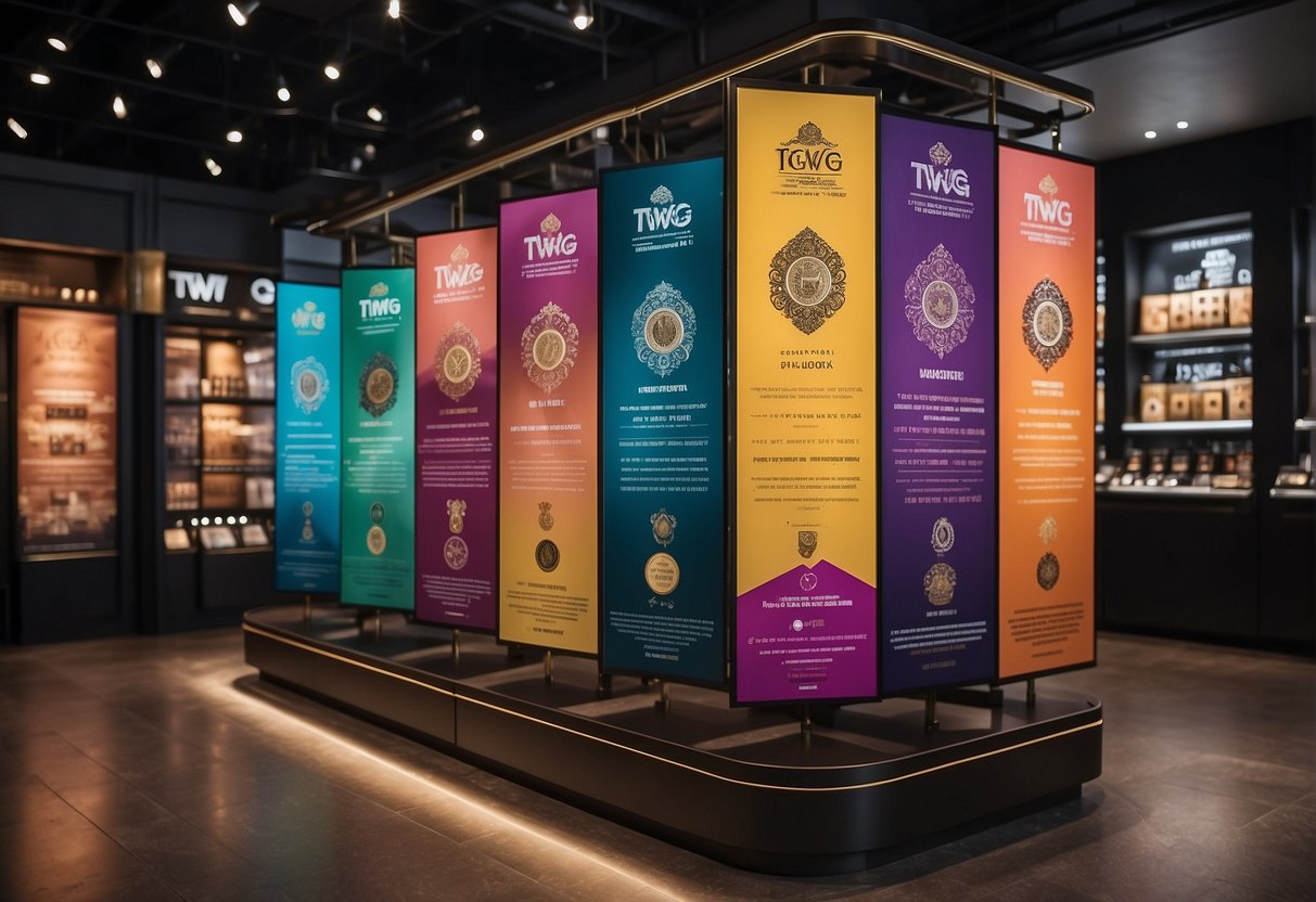 A vibrant display of FAQ posters and promotional materials for TWG Singapore, arranged neatly on a stand with a clean and modern backdrop