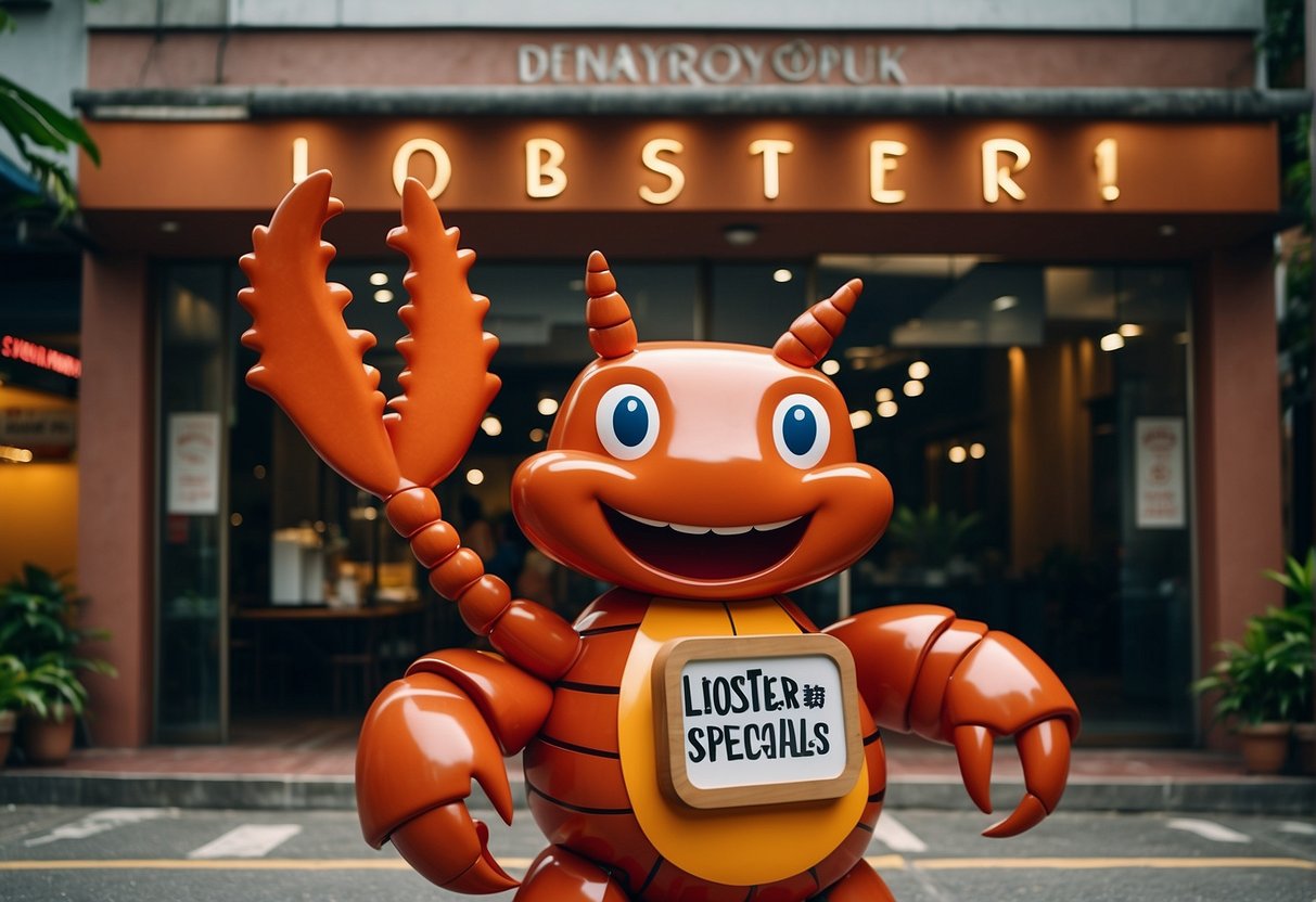 A giant lobster mascot stands outside a bustling seafood restaurant in Singapore, waving a sign promoting lobster specials