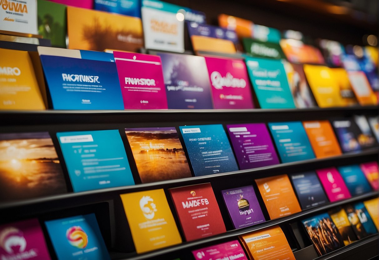 A vibrant and eye-catching display of promotional materials and products, featuring bold colors and enticing offers