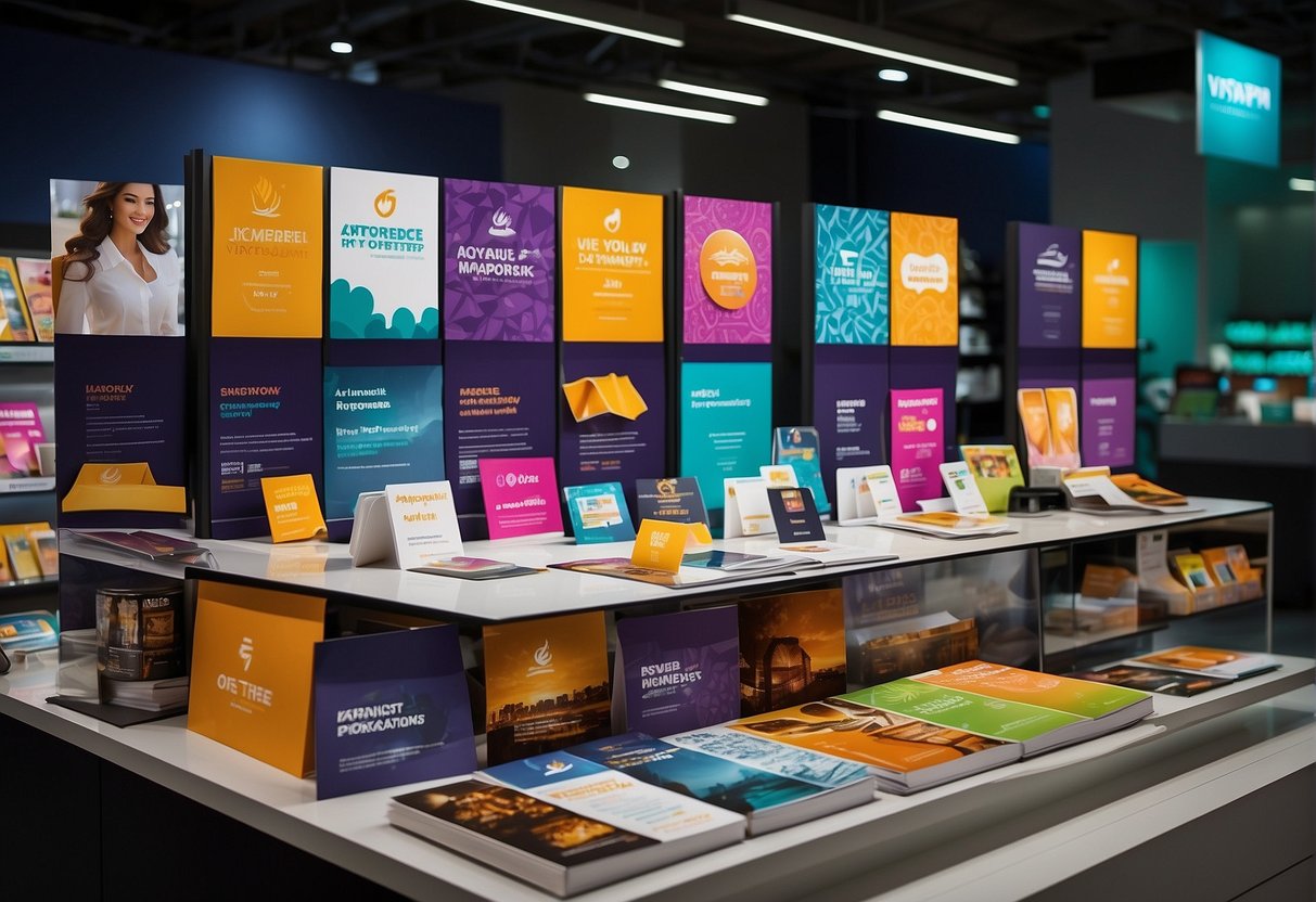 A vibrant display of Vistaprint promotions in Singapore, featuring bold graphics and captivating designs. The scene includes various promotional materials such as banners, flyers, and posters arranged in an eye-catching manner