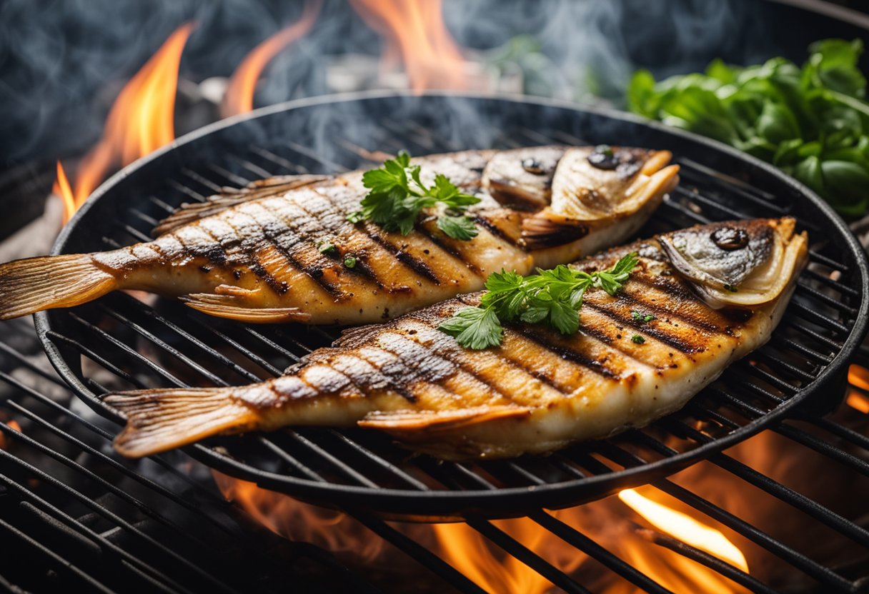 A sizzling Bugis grilled fish, adorned with fragrant herbs and spices, rests on a smoky grill, emanating a mouthwatering aroma
