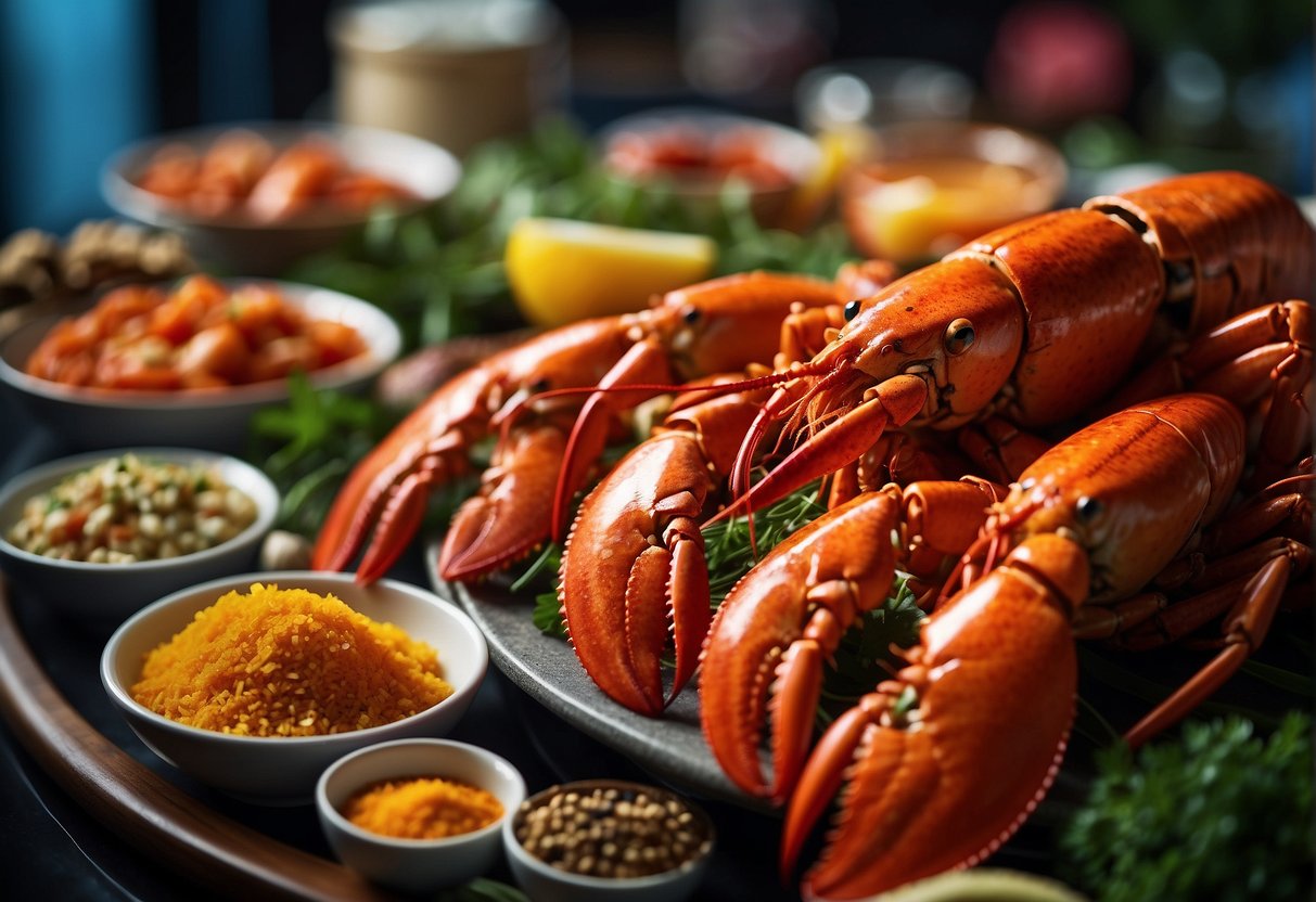 A table adorned with fresh lobsters, surrounded by local spices and ingredients, with promotional signs showcasing the Singaporean seafood delicacy