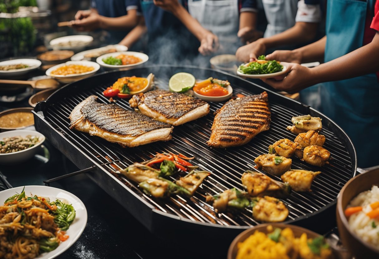 A sizzling grill cooks Bugis Grilled Fish as aromatic smoke rises. Tables are set with colorful condiments and diners enjoy the lively atmosphere