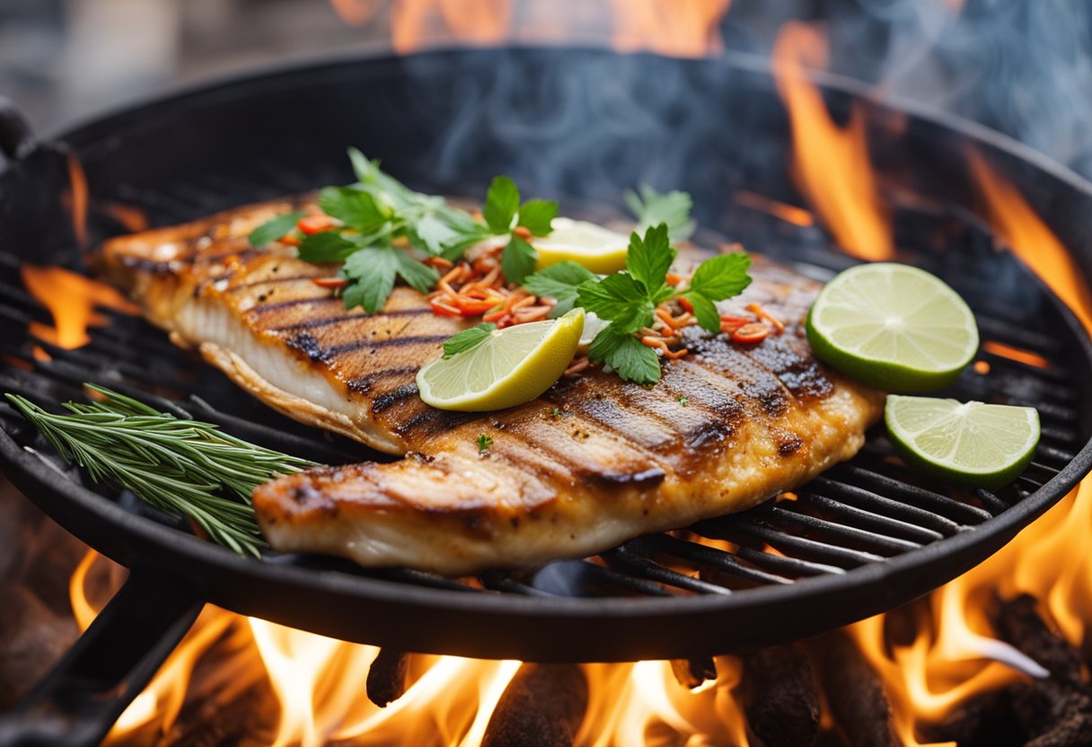 Bugis grilled fish sizzling over open flames, surrounded by a colorful array of spices and herbs