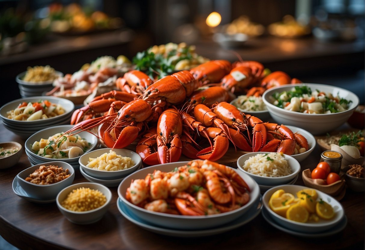 A table overflowing with fresh lobsters and a variety of seafood dishes, surrounded by signs advertising exclusive discounts and promotions
