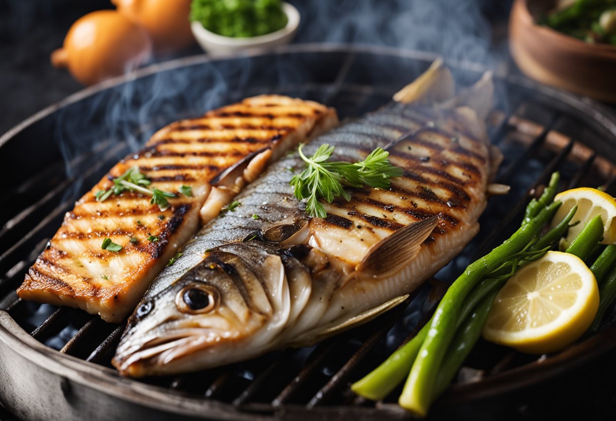 Bugis grilled fish sizzling on a hot grill, surrounded by aromatic smoke and charred grill marks, with a side of fresh vegetables and a squeeze of lemon