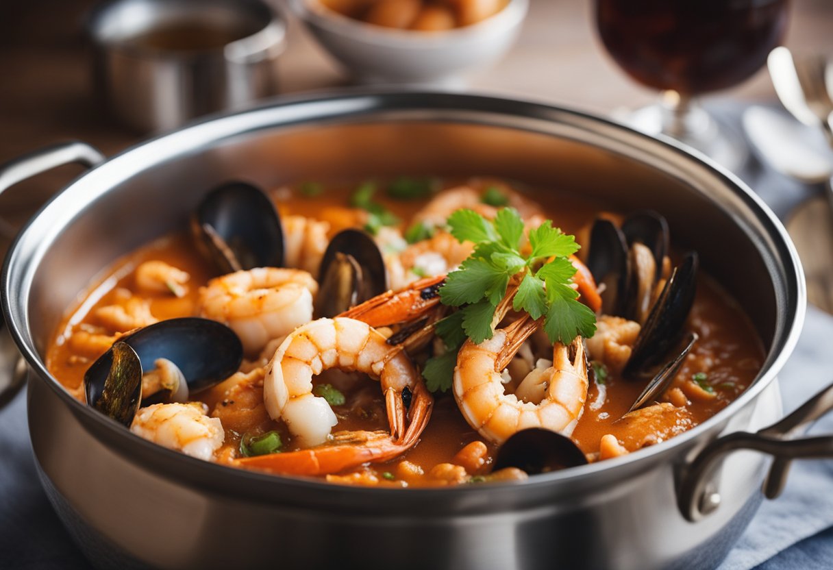 A pot of boiling seafood in a rich cajun sauce, with aromatic spices and herbs, served on a bed of steamed rice
