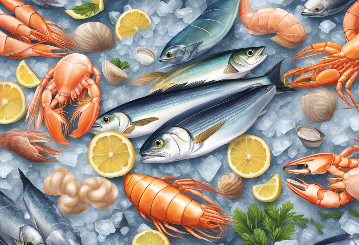 A colorful array of fresh seafood is displayed on ice, including fish, shrimp, and shellfish. The Seaco logo is prominently featured in the background
