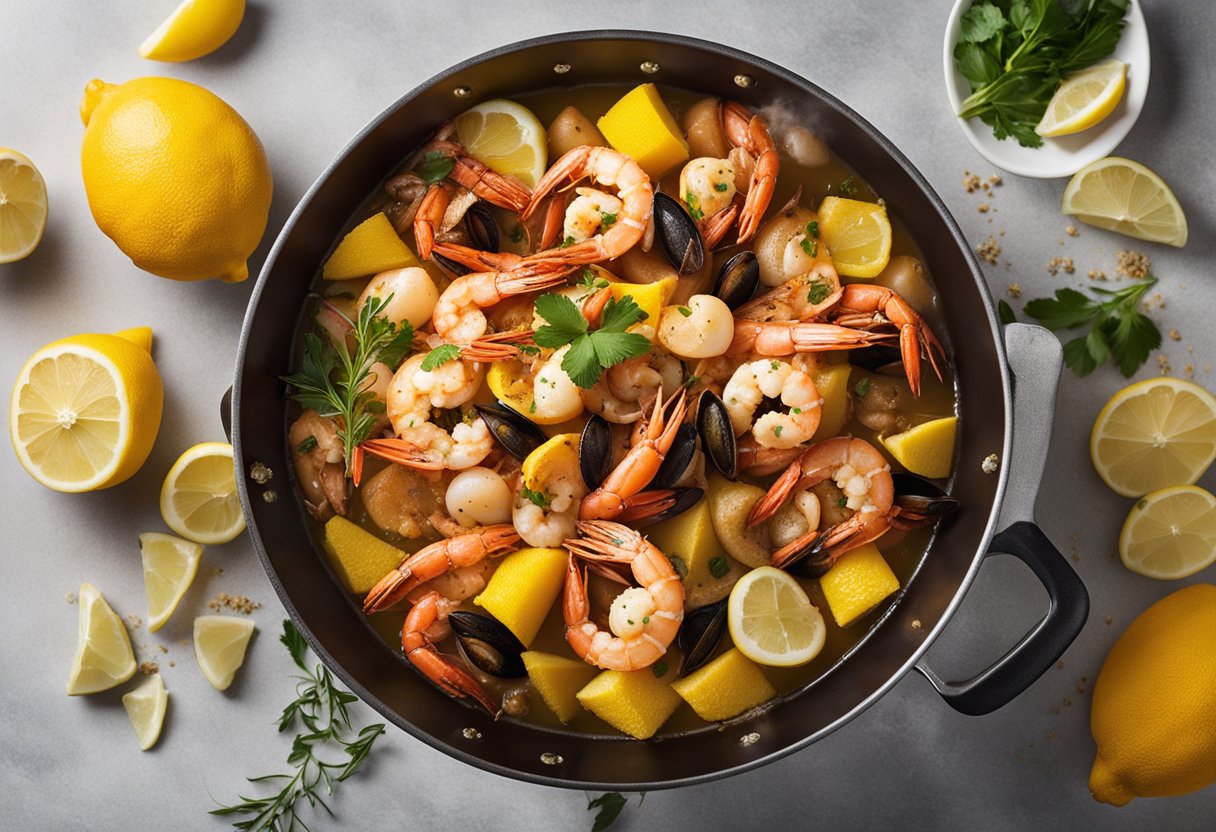 A large pot filled with boiling water, cajun spices, and an assortment of seafood including shrimp, crab, and crawfish. Surrounding the pot are lemons, corn on the cob, and potatoes
