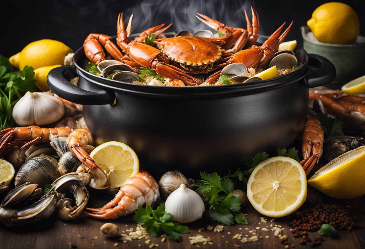 A large pot filled with boiling water and aromatic cajun spices, surrounded by an assortment of fresh seafood such as crabs, shrimp, and clams. Lemon wedges and herbs scattered around the scene