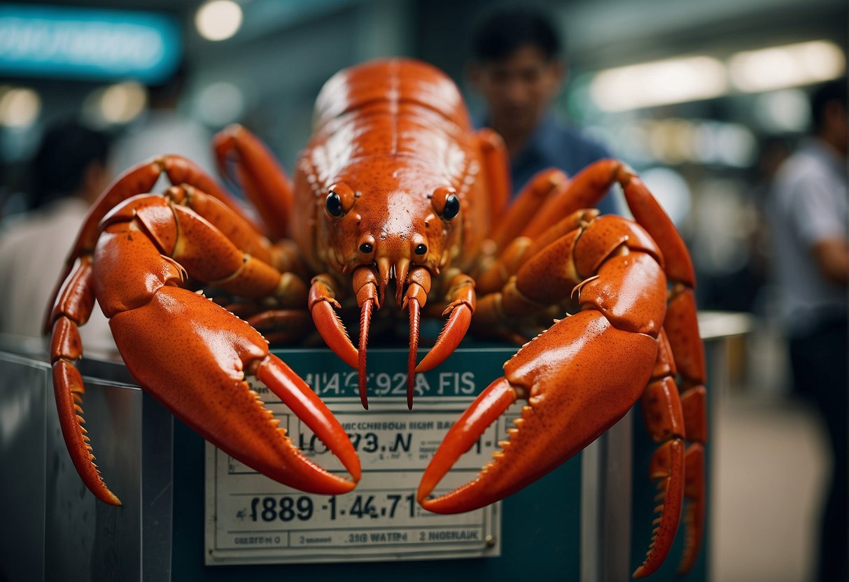 A lobster promotion sign stands out in a bustling Singapore market, drawing in curious onlookers
