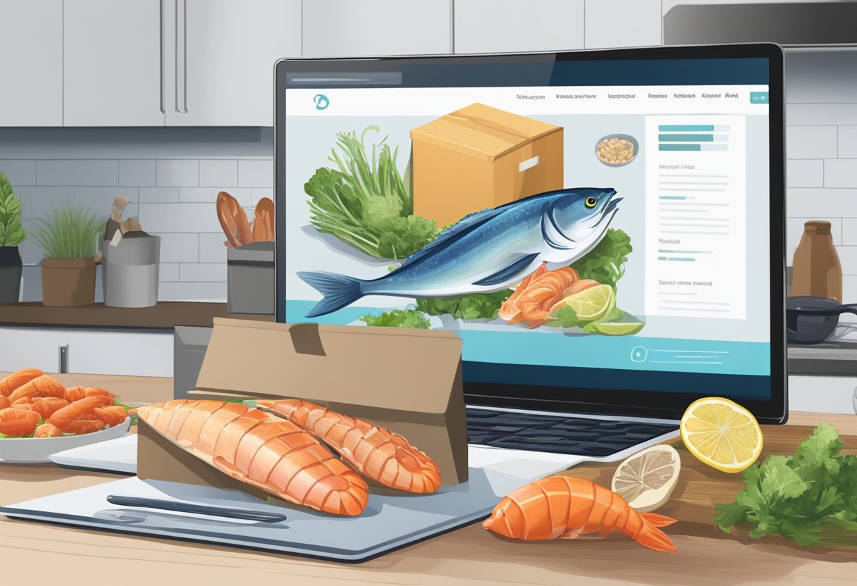 A laptop open on a kitchen counter, with a website displaying a variety of fresh seafood options. A delivery box sits nearby, ready to be filled with the online purchase