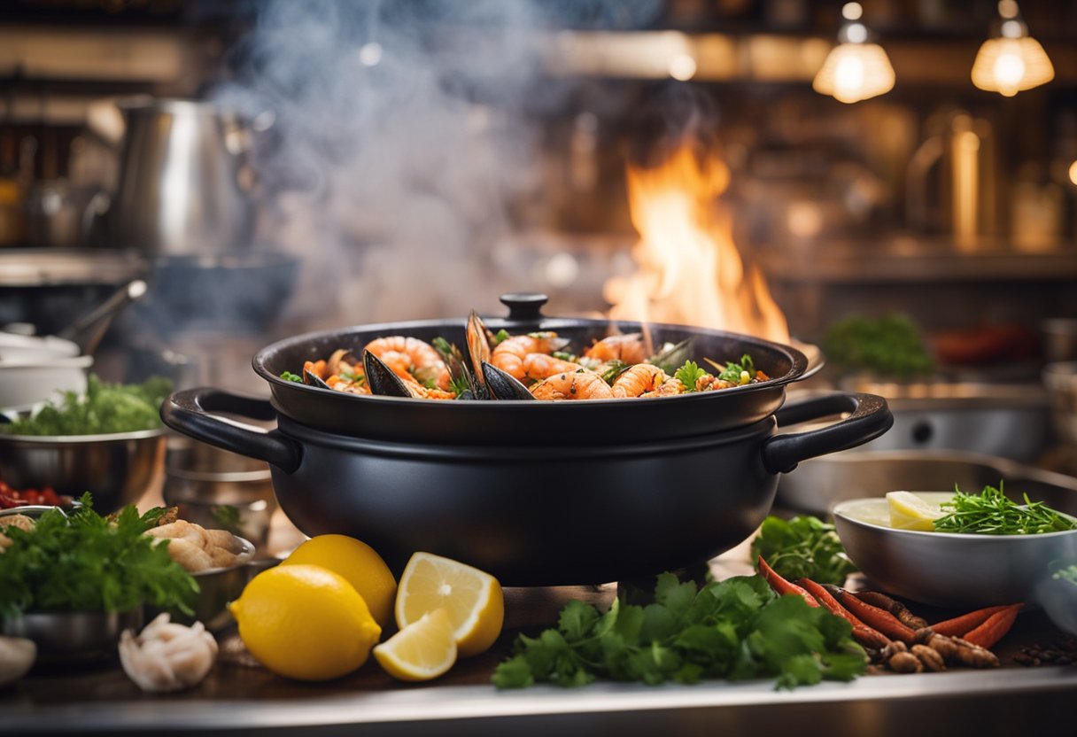 A steaming pot of Cajun seafood simmering with aromatic spices and fresh herbs, surrounded by colorful ingredients and a bustling kitchen atmosphere