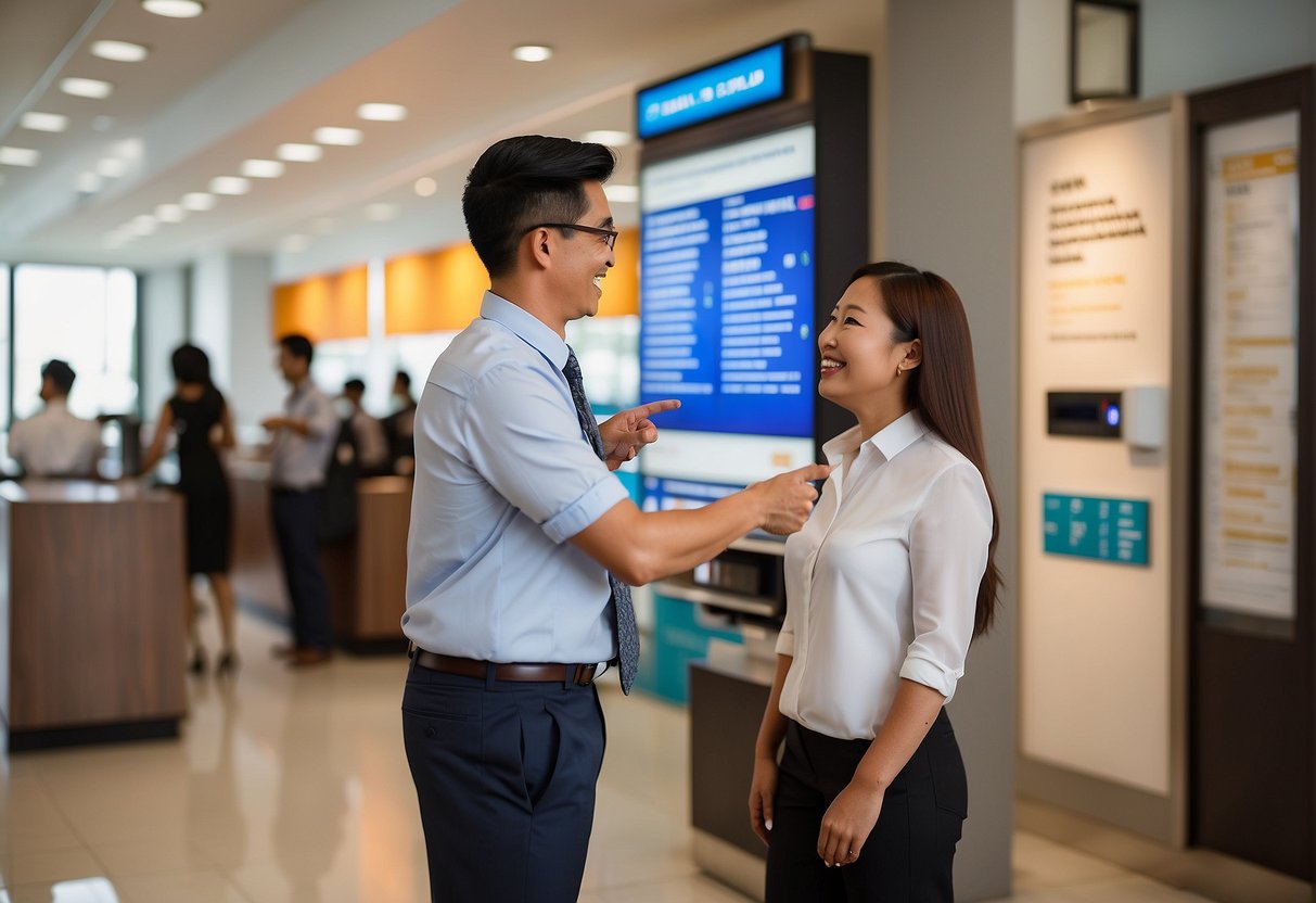 A bank teller presenting term deposit promotions in a Singaporean branch. The teller is pointing to a promotional poster with the terms and benefits displayed