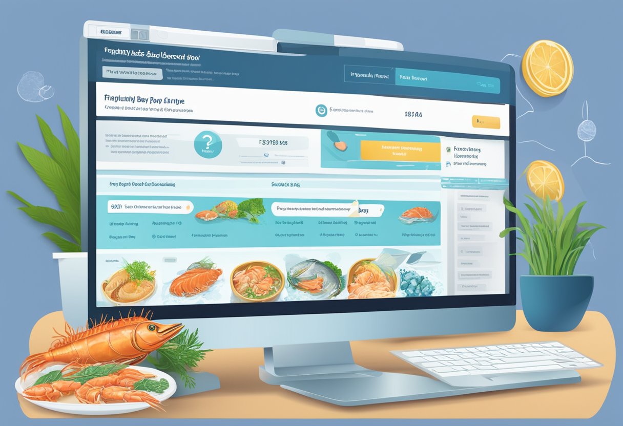 A computer screen displaying a webpage with the title "Frequently Asked Questions buy seafood online singapore- Seaco" with a list of questions and answers about buying seafood online in Singapore