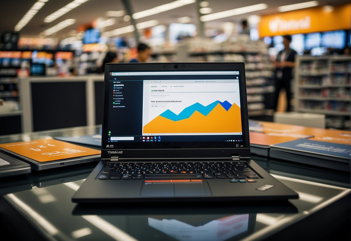 A ThinkPad laptop surrounded by promotional materials in a bustling Singapore electronics store