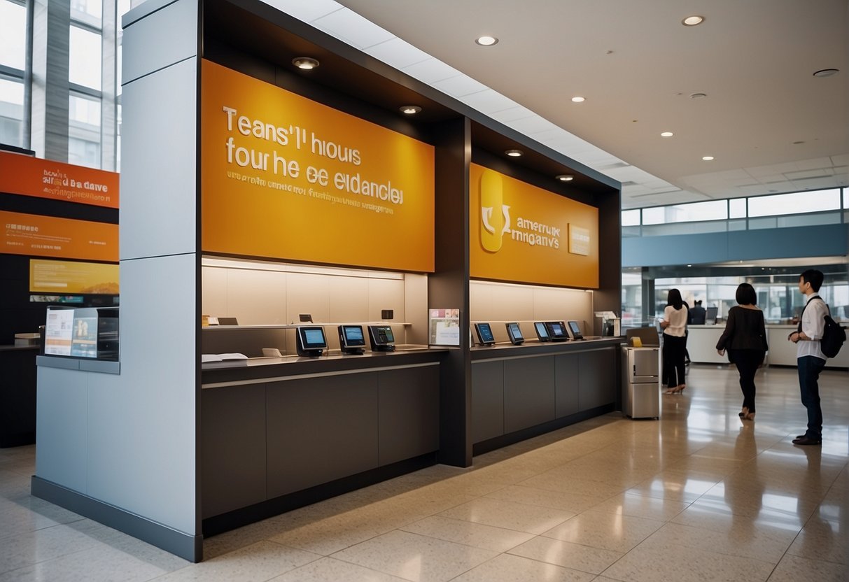 A bank branch with colorful promotional banners, customers inquiring about time deposit promotions, and bank staff explaining the benefits