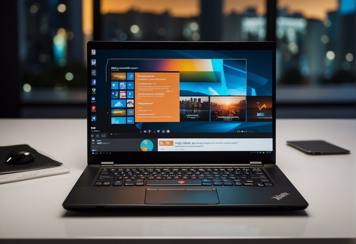 A sleek ThinkPad laptop sits on a clean, modern desk surrounded by promotional materials. The screen displays the latest promotions in Singapore