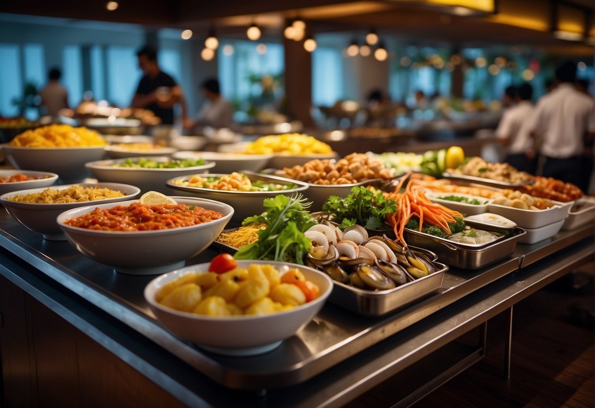 A colorful array of international cuisine lines the hotel buffet in Singapore, tempting patrons with fresh seafood, aromatic spices, and decadent desserts