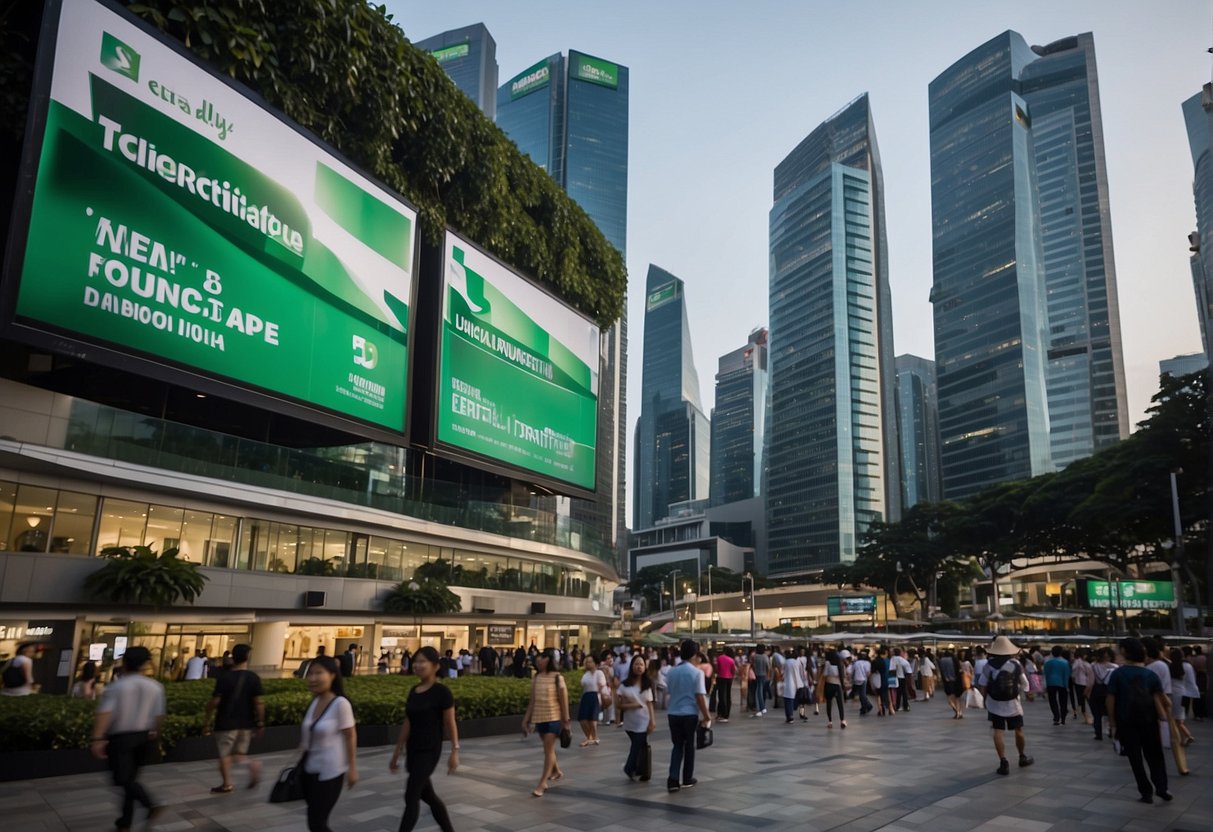 A bustling Singapore street with bright TD Ameritrade promotions displayed on electronic billboards and banners, surrounded by a diverse crowd of people and modern architecture