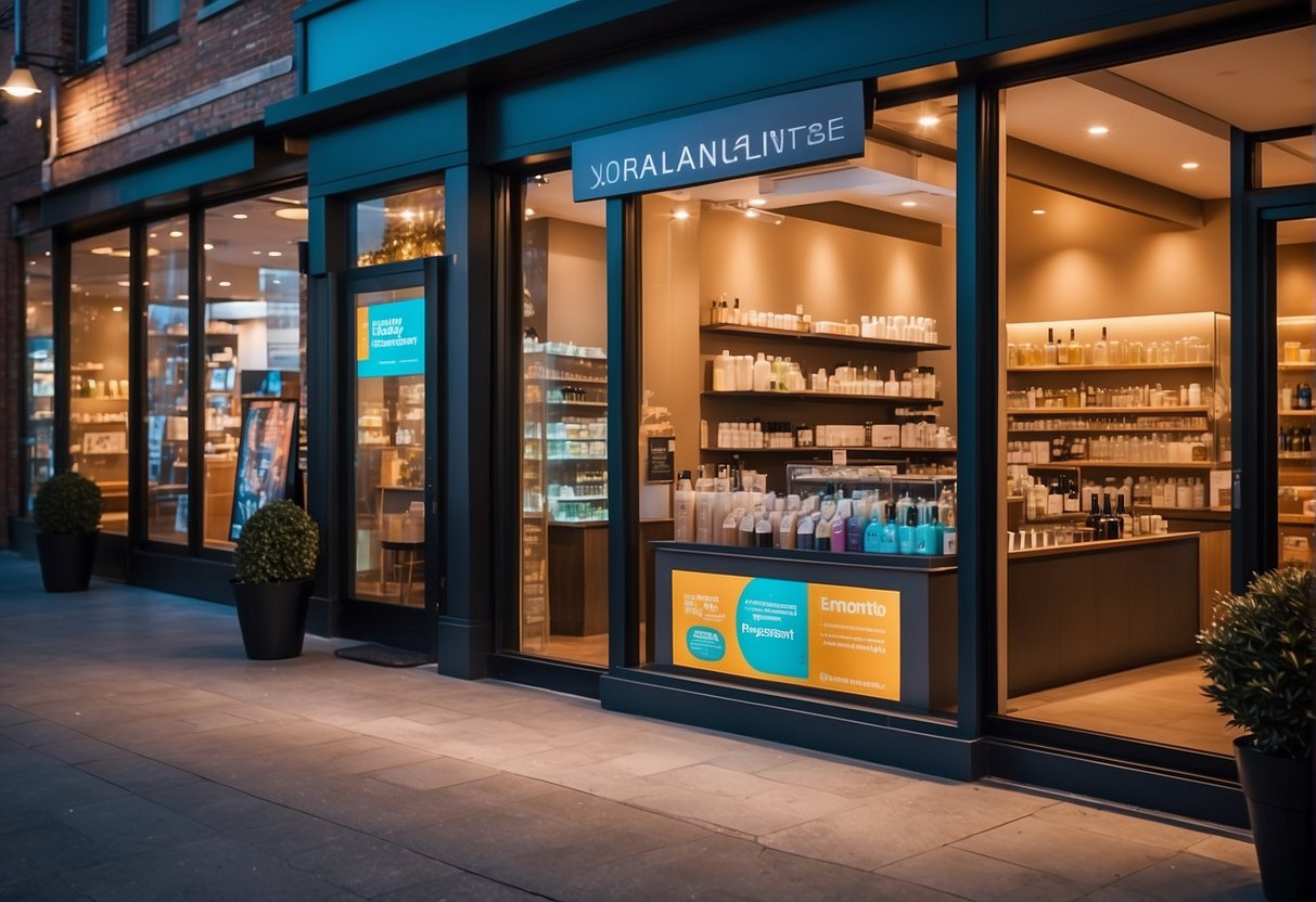 Vibrant storefront with bold signage, showcasing skincare products and enticing promotions. Bright lights and sleek displays draw in passersby